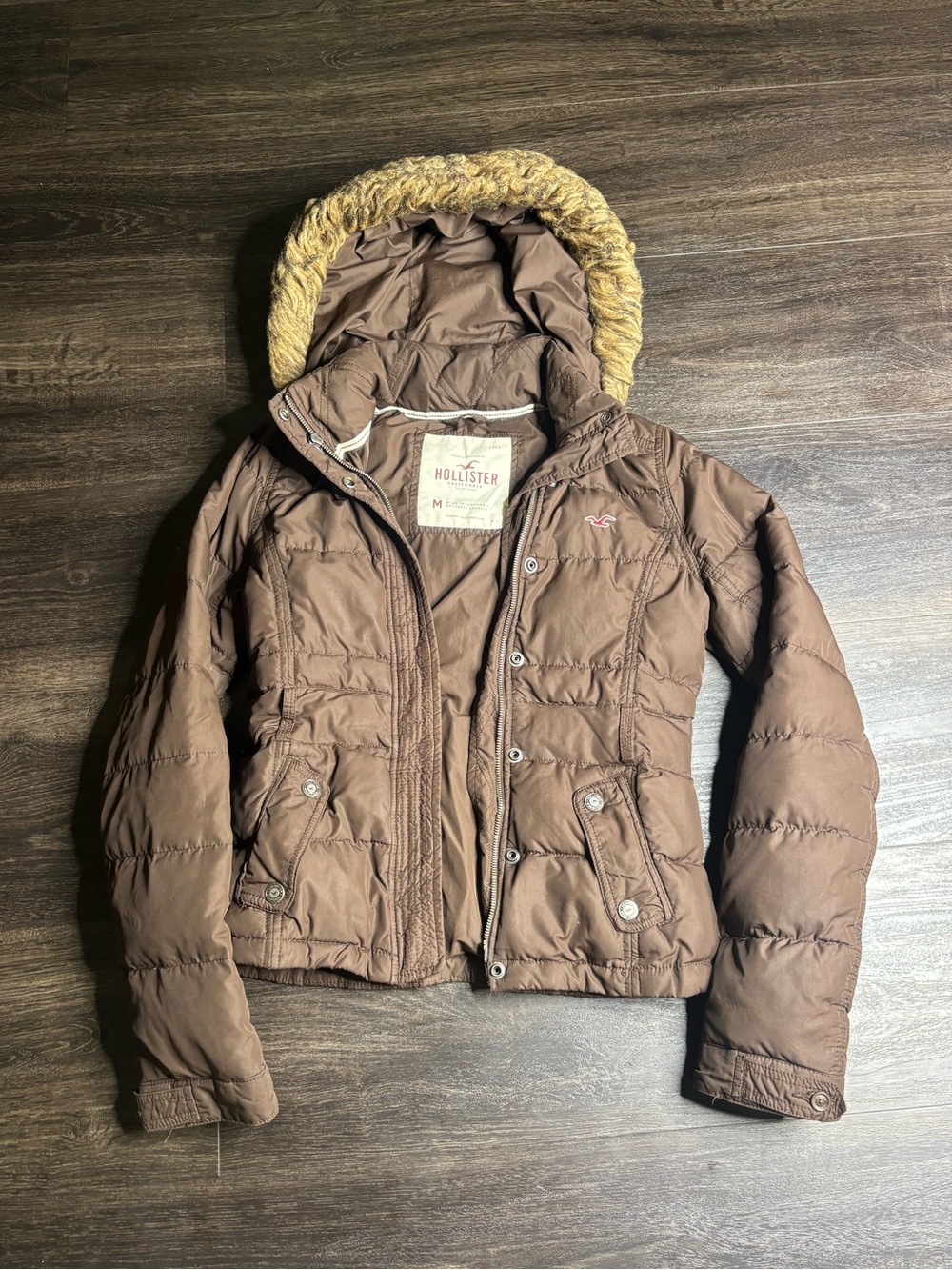 RARE Y2K Women’s Brown Hollister Puffer Fur Hood Zip Up Jacket Size M